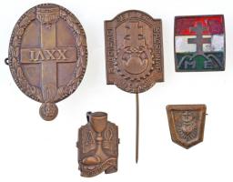 5db-os vegyes magyar jelvény tétel, közte ~1930. "M.É. (Magyar Élet Pártja)" festett Br gomblyukjelvény, 1935. "XXVI. Országos Katolikus Nagygyűlés" Cu lemezjelvény (42x28mm), 1942. "Nemzeti Gyáripari Sportnap" Cu kitűző T:2,2-