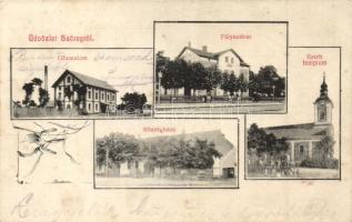 Szőreg (Szeged); gőzmalom, vasútállomás, szerb templom, községháza, Beck Antal floral