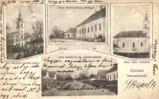 Szomajom, Kaposfő; utcaképek, körjegyzőség, postahivatal, Református templom és lelkészlak (Rb)