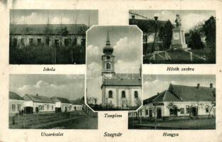 Szegvár, iskola, templom, Hősök szobra, Hangya, utcakép   (EK)