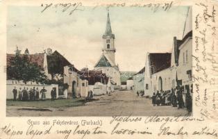 Feketeváros, Purbach; utcakép templommal / street view with church