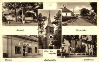 Bustyaháza, Bustino; kaszinó, utcakép, erdőhivatal, Hangya / casino, street view, forestry office, cooperative shop (EK)