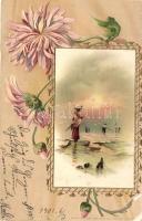 41 db RÉGI hosszú címzéses virágos litho üdvözlőlap, vegyes minőség / 41 pre-1901 floral litho greet...