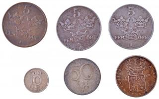 Svédország 1943. 5ö Fe + 1948. 5ö Fe + 1950. 5ö Br + 1953. 10ö Ag + 1950. 50ö Ag + 1968. 1K Ag T:2 Sweden 1943. 5 Öre Fe + 1948. 5 Öre Fe + 1950. 5 Öre Br + 1953. 10 Öre Ag + 1950. 50 Öre Ag + 1968. 1 Krona Ag T:XF