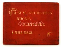 Album Interlaken Rhonegletscher & Furkastrasse, kb. 40 db ferliratozott fénykép, aranyozott, vörös egészvászon kötésben, kissé foltos borítóval.