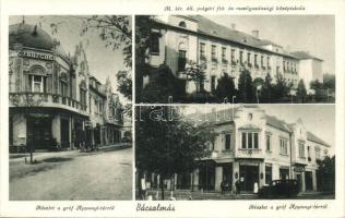 Bácsalmás, M. kir. áll. polgári fiú- és mezőgazdasági középiskola, gróf Apponyi tér, gyógyszertár, automobil, Csauscher ház, Jeney kiadása