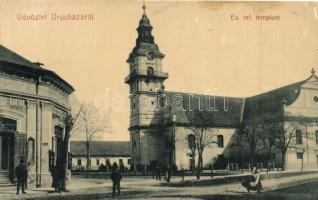 Orosháza, Református templom, utcakép Dísztemetkezési intézettel, W. L. 1612. (fl)