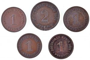 Német Birodalom 1874-1898. 1pf Cu (4xklf) + 1874. 2pf Cu T:2 German Empire 1874-1898. 1 Pfennig Cu (4xdiff) + 1874. 2 Pfennig Cu C:XF Krause KM#10, KM#2
