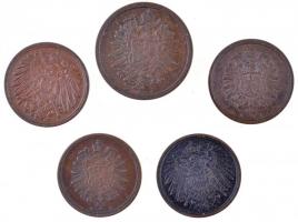 Német Birodalom 1874-1898. 1pf Cu (4xklf) + 1874. 2pf Cu T:2
German Empire 1874-1898. 1 Pfennig Cu ...