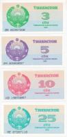 Üzbegisztán 1992. 3S + 5S + 10S + 25S + Mongólia 2000. 10T + 20T + 50T + 100T T:I Uzbekistan 1992. 3 Sum + 5 Sum + 10 Sum + 25 Sum + Mongolia 2000. 10 Tugrik + 20 Tugrik + 50 Tugrik + 100 Tugrik C:UNC