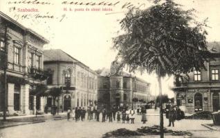Szabadka, Subotica; Posta és elemi iskola, Kosáripar Részvénytársaság, Ivanits József üzlete / post office, school, shops (Rb)