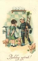 4 db RÉGI üdvözlőlap, Újév, Húsvét, Karácsony, köztük két litho és egy sziluett képeslap / 4 pre-1945 greeting cards, New Year,  Easter, Christmas, among them 2 litho and 1 silhouette card