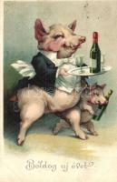 'Boldog Új Évet!' / New Year greeting card, pigs dressed as waiters, champagne, litho (EB)