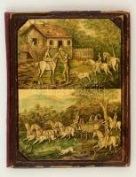 Vadászjelenettel díszített borítójú régi fényképtartó, 4 férőhellyel, kis sérüléssel