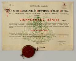 1932 Soproni  erdőmérnöki oklevél Visnyovszky Dániel selmecbányai erdőmérnöknek, címeres függő viaszpecséttel, fa tokban. Jó állapotban. / Sopron forestry school diploma 60x40 cm