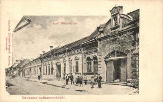 Csíkszereda, Miercurea Ciuc; Apafi Mihály utca, Hutter szálloda, Szvoboda testvérek könyvnyomdája és saját kiadása / street, hotel, printing shop