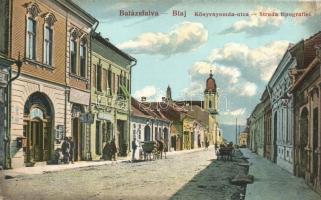 Balázsfalva, Blaj, Blasendorf; Könyvnyomda utca üzletekkel / Strada tipografiei / street view, shops