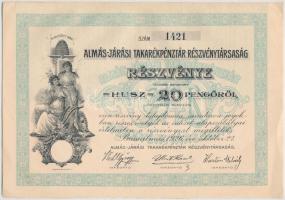 Bácsalmás 1926. "Almás-Járási Takarékpénztár Részvénytársaság" részvény 20P-ről, szelvényekkel, szárazpecséttel T:II