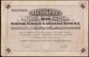 Budapest 1920. "Magyar Nemzeti Gazdasági Bank R.T." névre szóló két részvénye egyben 1000K-ról, szárazpecséttel T:II-