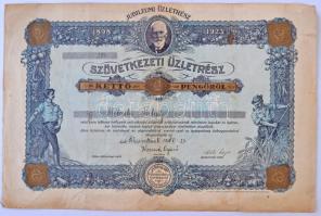 Pilisszentlászló 1938. "Hangya Fogyasztási és Értékesítő Szövetkezet - Jubileumi Üzletrész" névre szóló üzletrész 2P-ről T:III-