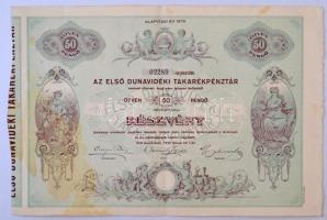 Kiskőrös 1930. "Első Dunavidéki Takarékpénztár" részvénye 50P-ről, szelvényekkel, szárazpecséttel T:II