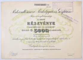 Budapest 1923. "Pestszentlőrinci Parkétagyár és Gőzfűrész Részvénytársaság" 25 darab részvénye egyben összesen 5000K-ról, szelvényekkel, szárazpecséttel, felülbélyegzéssel T:II