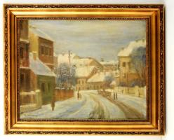 Bokor Vilmos (1897-1984): Téli utca részlet. Olaj, vászon, jelzett, sérült keretben, 55×68 cm