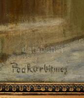 Bokor Vilmos (1897-1984): Téli utca részlet. Olaj, vászon, jelzett, sérült keretben, 55×68 cm