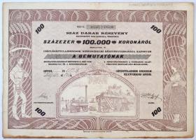 Kaposvár 1924. "Cséplőgétulajdonosok Kereskedelmi Részvénytársasága" bemutatóra szóló 100 darab részvénye egyben, összesen 100.000K-ról. Szign.: Kádár T:III,III- fo.