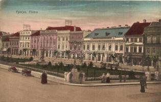 Eperjes, Presov; Fő utca, Takarékpénztár, üzletek, Cattarino S. utóda Földes Samu kiadása / main street, savings bank, shops (EK)