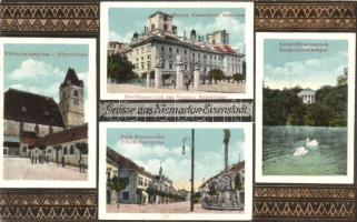 Kismarton, Eisenstadt; Herceg Eszterházy székvára, kastély, Plébánia-templom, Deák Ferenc utca, Leopoldina-csarnok, Josef Popper kiadása / castle, church, street (EK)