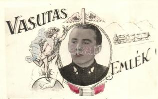 'Vasutas emlék' gőzmozdonnyal és szárnyakkal díszített képeslap / decorated postcard with locomotive, wings, railwayman