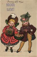 'Boldog Új Évet!' / New Year greeting card, children, Emb. litho (EK)