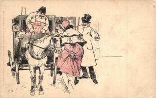 Beszállás a konflisba, humoros grafikai képeslap, Szabó Béla kiadása / Boarding the cab, horse cart, humorous graphic postcard (EK)