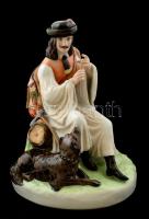 Zsolnay furulyázó pásztor, kézzel festett, jelzett, furulya letört, m:24 cm