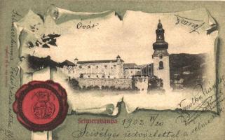 Selmecbánya, Banska Stiavnica; címeres pecsétel keretes litho lap. Joerges özv. és fia kiadása / coat of arms steal, litho (EK)