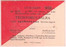 1907 Utalvány a Royal Szállóban tartandó technikus bálra