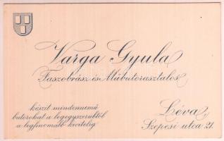 cca 1910 Léva, Varga Gyula faszobrász és műbútorasztalos névjegykártyája