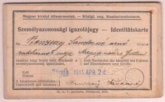1913 Magyar Királyi Államvasutak fényképes személyazonossági igazolójegy