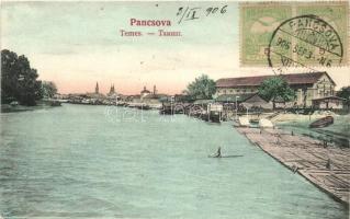 Pancsova, Pancevo; Temes folyó, uszályok / river, barges, TCV card