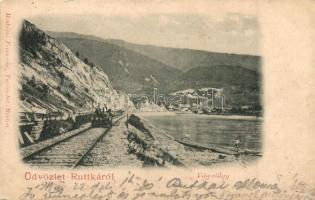 1899 Ruttka, Vrutky; Vág völgy vasútvonal, hajtány a síneken. Moskóczi Ferenczné kiadása, "1899 ZÁGRÁB" hamis felülbélyegzéssel / railway, handcar. "1899 ZÁGRÁB" forged postmark