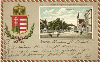 Sopron, Széchenyi tér; Segélylap az Evangélikus főgimnáziumi Magyar Társaság javára. Kummert Lajos  magyar címeres 259. számú litho lapja