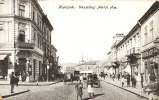 Kolozsvár, Cluj; Wesselényi Miklós utca, Hirsch Adolf üzlete, W. és F. kiadása / street, shop (kis szakadás / small tear)