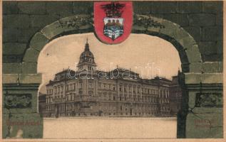 Arad, Csanádi palota, ezüstös címeres kerettel / palace, metallic coat of arms litho (EK)