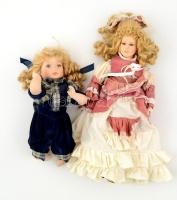 2 db göndör szőke hajú porcelán baba, h: 36 és 46 cm