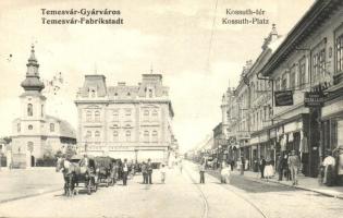Temesvár, Timisoara; Kossuth tér, Adler Ignác, Dutsch R. Rezső, Szana Lajos, Csendes és Fischer üzlete, porcelánház, takarékpénztár / square, shops, savings bank, porcelain store (EK)