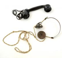Régi távíró fülhallgató, és telefonkagyló, kissé viseltes állapotban, 15x18 cm., h: 25 cm.