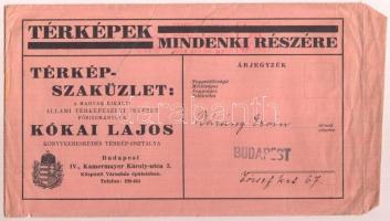 1938 Kókai Lajos térképszaküzletének árjegyzéke, mintával, borítékban
