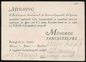 1947 Hitler Adolfot ábrázoló gúnyrajz, táncest meghívón rajta kézzel írt felirat Argentín tangó, Ném...