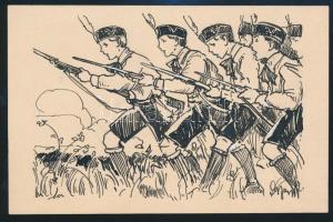 cca 1926 Puskával gyakorlatozó Leventék Győrffy György tusrajza. 14x10 cm